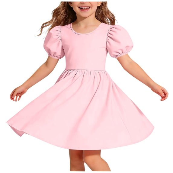 Fesfesfes Girls Crisscross Back Puff Sleeve Dress Flowy A Line Ruffle Hem Casual Party Wear Comfortable Stretchy Fabric for Big Kids Twirl Friendly Everyday Outfit(Pink,11-12 Years)