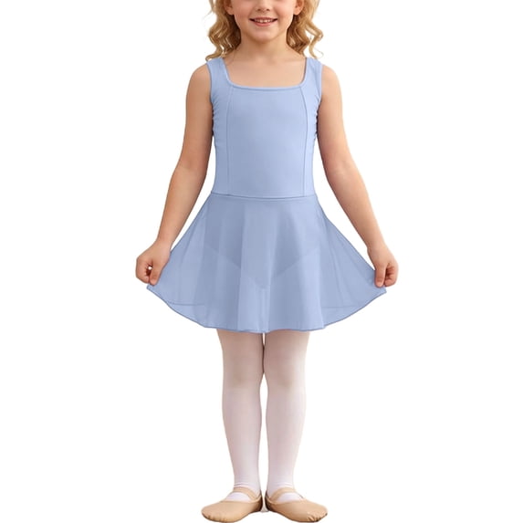 Fesfesfes Girls Cute Leotard Dress Sleeveless Round Neck Dance Practice Dress Up for Kids 3-15 Years Stretchy Comfortable Performance Outfit(Blue#1,9-10 Years)