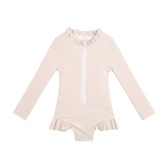 Fesfesfes Girls' Cute Solid Color Swimsuits Half Zipper Bathing Suit for Kids Girls Summer Swim Suits Long Sleeved Lightweight Swimwear1-5 Years(Beige,12 Months)