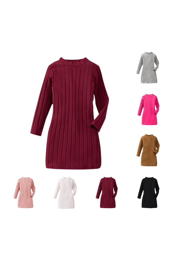 Girls Dress Shirts Solid color Sweater Dress Long Sleeve Dress Round Neck Slim Bodysuit Dress