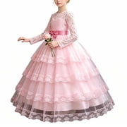 Fesfesfes Girls Elegant Lace Sleeve Layered Tulle Princess Dress Round Neck Bow Waist Multi-Tiered Formal Party Gown for Birthday Evening Wear Events Ages 5-15 Years