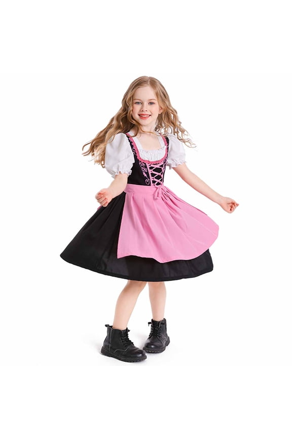 Girls' Fashion Casual Dress Summer Short Sleeve Round-Neck Mid-Calf Dress for German Beer Festival Stylish and Comfortable Wear 2-16 Years(Pink,8-10 Years)