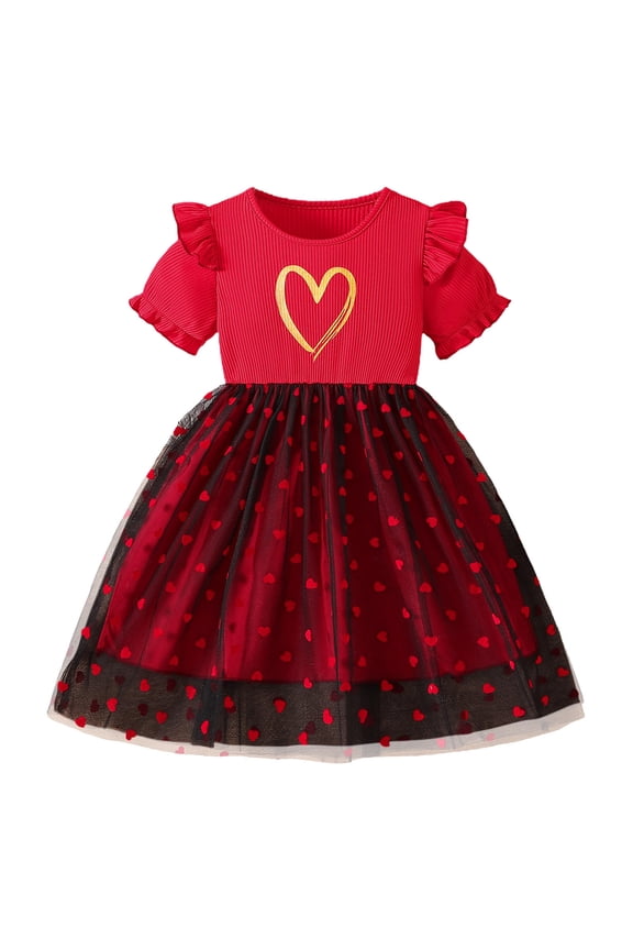 Girls' Floral Mesh Tie-Front Dress with Flying Sleeves Short Sleeve Round Neck Summer Clothes,Lightweight Breathable Casual and Beach Sundress for Kids(Red#4,1-2 Years)