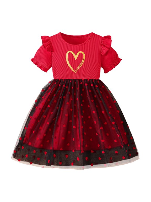 Girls' Floral Mesh Tie-Front Dress with Flying Sleeves Short Sleeve Round Neck Summer Clothes,Lightweight Breathable Casual and Beach Sundress for Kids(Red#4,4-5 Years)