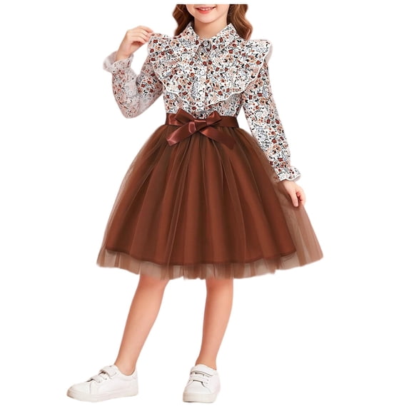 Fesfesfes Girls Floral Print Ruffle Collar Shirt Dress with Tulle Dress and Bow Waist Long Sleeve Princess Party Outfit for Birthday Ages 3-8 Years