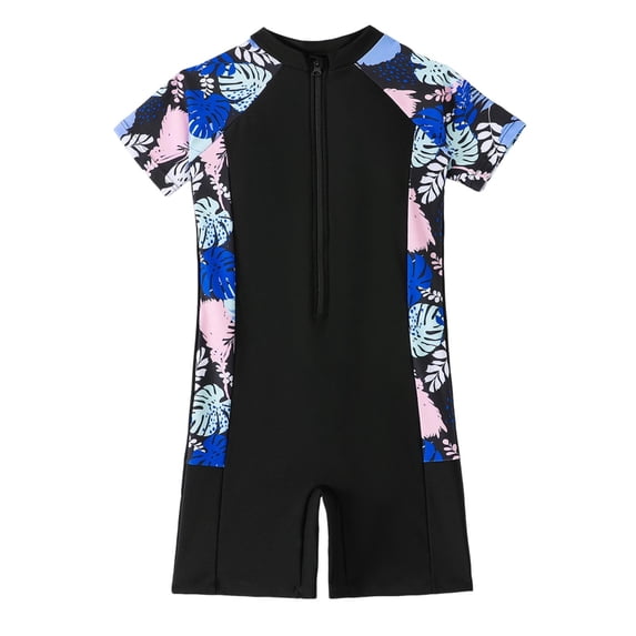 Fesfesfes Girls Floral Print Short Sleeve Zip Front 1Piece Swimsuit with Boyleg Bottom Quick Dry UV Protection Swimwear for Kids Beach Pool Play Active Rash Guard Swim Outfit(Black,4-5 Years)
