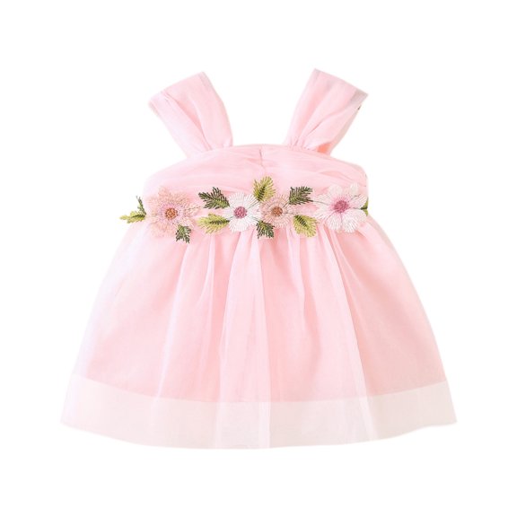 Fesfesfes Girls' Floral Strap Sleeveless Dress Mesh Waist Tie-Front Round Neck Summer Sundress,Lightweight Breathable Beach and Playwear Outfit for Kids(Pink,6-12 Months)