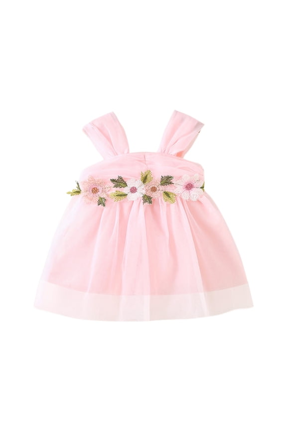 Girls' Floral Strap Sleeveless Dress Mesh Waist Tie-Front Round Neck Summer Sundress,Lightweight Breathable Beach and Playwear Outfit for Kids(Pink,6-12 Months)