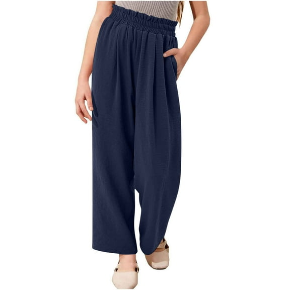 Fesfesfes Girls High Waist Wide Leg Pants with Pockets,Flowing Loose Casual Trousers for Ages 4-14 Years,Solid Color Summer Wear(Navy,13-14 Years)