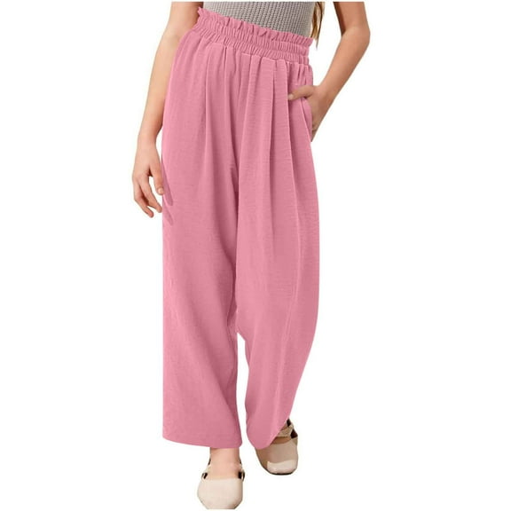 Fesfesfes Girls High Waist Wide Leg Pants with Pockets,Flowing Loose Casual Trousers for Ages 4-14 Years,Solid Color Summer Wear(Pink,6-7 Years)