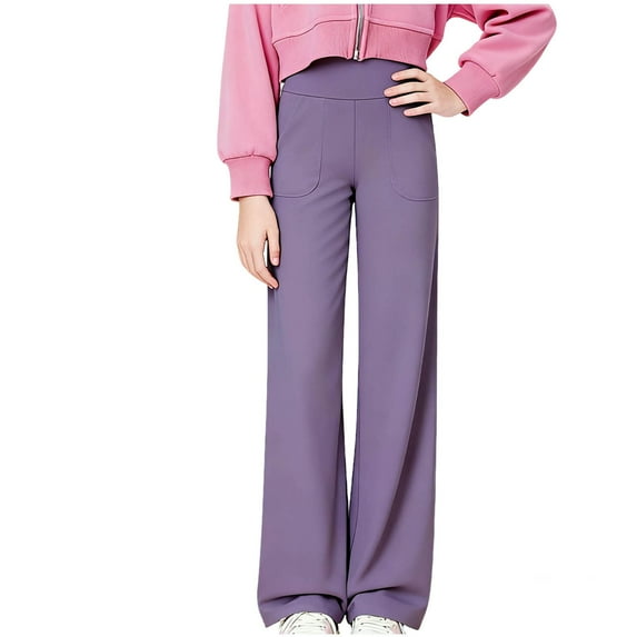 Fesfesfes Girls High Waisted Flare Leg Yoga Pants with Pockets Soft Stretchy Active Pants for Kids Comfortable Wide Leg Exercise Pants for Girls Childrens Casual Play Pants(Purple,6-7 Years)
