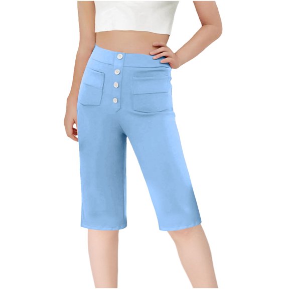 Fesfesfes Girls High Waisted Yoga Pants with Buttons,Five Quarter Sports Pants with Pockets,Stretch Comfortable for Active Kids(Light Blue,9-10 Years)