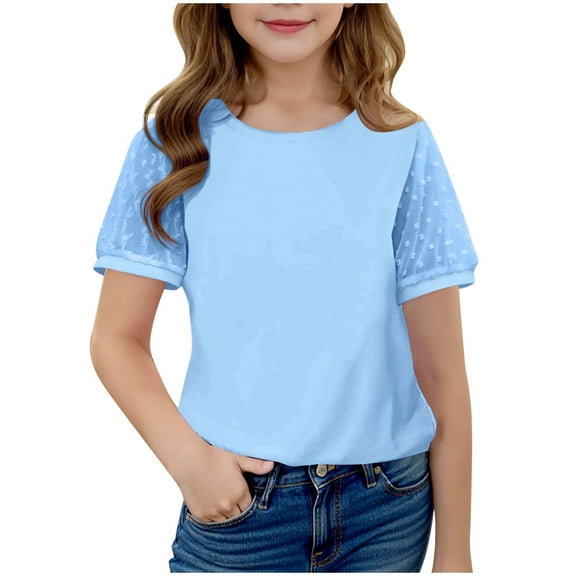 Fesfesfes Girls Hollow Out Short Sleeve Summer T Shirt Casual Round Neck Top Blouse for Kids Toddler Solid Color Basic Tee Comfortable Breathable Soft Fabric Party Outfit(Light Blue#1,11-12 Years)