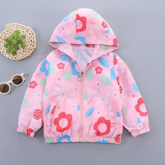 Fesfesfes Girls Jacket Hooded Lightweight Flower Printed Hoodie Jacket Windproof Zipper Jacket Loose Children Jacket