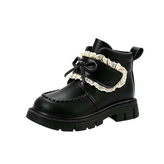 Fesfesfes Girls Kids Boots Bow Decor Lace Round Toe Chunky Sole Non-slip PU Leather Winter Shoes for School and Casual Daily Wear