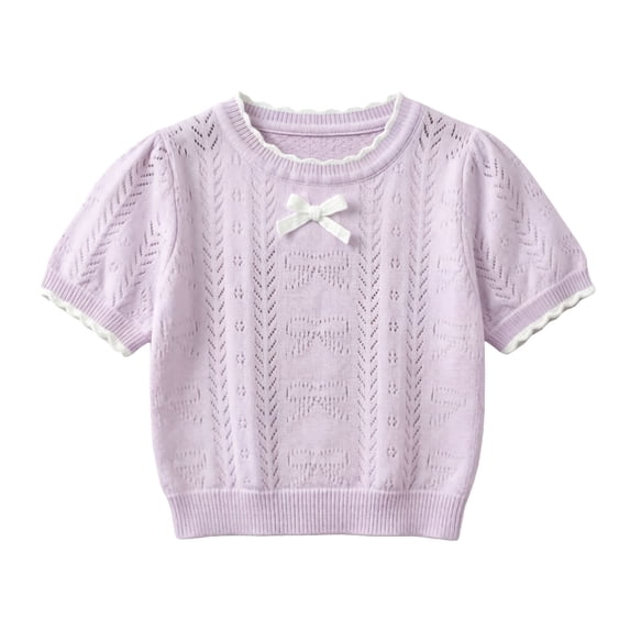 Fesfesfes Girls Knit Short Sleeve Top Scalloped Trim Crew Neck Pointelle Bow Detail Summer Casual Tee for Kids Ages 0-6 Years