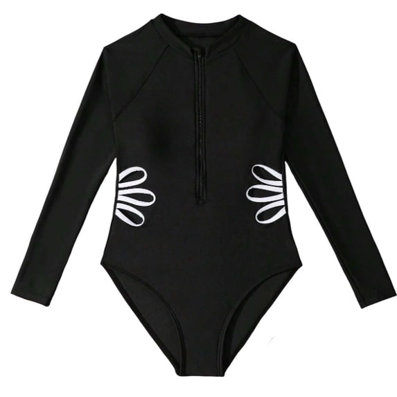 Fesfesfes Girls Lace Cutout Floral 1 Piece Swimsuit Stylish UV Protection Beachwear for Kids Tweens Quick Dry Modest Swimwear Comfortable Rash Guard Pool Play Outfit(Black,10 Years)