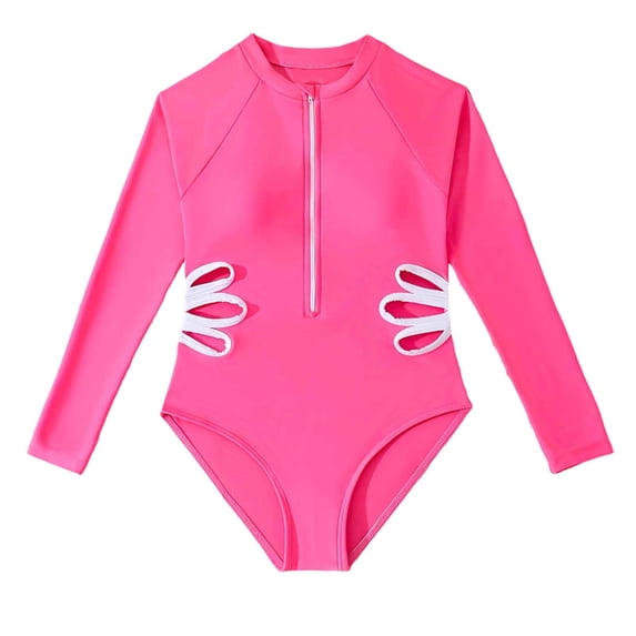 Fesfesfes Girls Lace Cutout Floral 1 Piece Swimsuit Stylish UV Protection Beachwear for Kids Tweens Quick Dry Modest Swimwear Comfortable Rash Guard Pool Play Outfit(Hot Pink,12 Years)