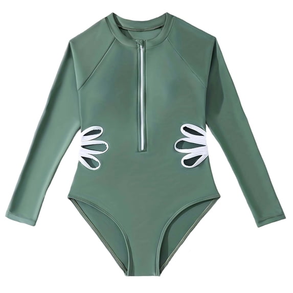 Fesfesfes Girls Lace Cutout Floral 1 Piece Swimsuit Stylish UV Protection Beachwear for Kids Tweens Quick Dry Modest Swimwear Comfortable Rash Guard Pool Play Outfit(Army Green,6 Years)