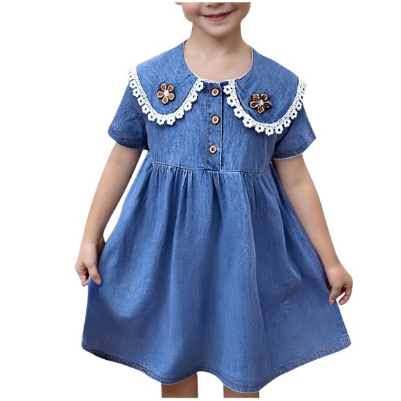 Fesfesfes Girls Lace Trim Denim Skirt Dress Lightweight Round Neck Summer Casual Outfit,Breathable Knee-Length Playwear Dress with Elastic Waist(Blue#1,3-4 Years)