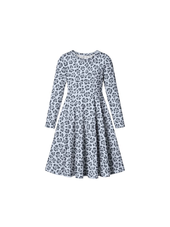 Dress for Girls' Leopard Print Dress Long Sleeve Round Neck A-Line Pleated Casual Cute Versatile for Fall Winter Daily Wear School Cozy Soft Comfy Elegant