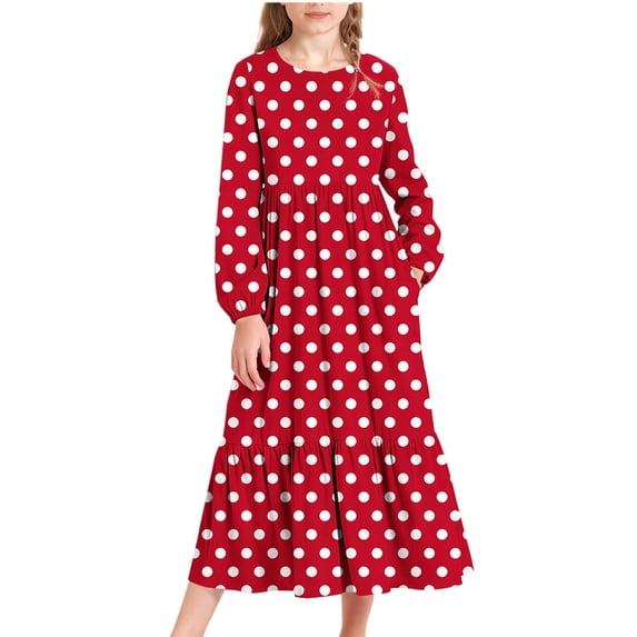 Fesfesfes Girls Long Sleeve Casual Maxi Dress Solid Color Gradient Maxi Dress with Side Pockets Round Neck Everyday Wear Kids Long Dress(Red#2,8-9 Years)