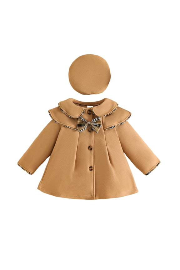 Girls Long Sleeve Collar Coat with Bow and Hat Cute Princess Dress Jackets for Fall Winter Spring Toddler Kids Outerwear Party Daily Wear(Khaki,3 Years)