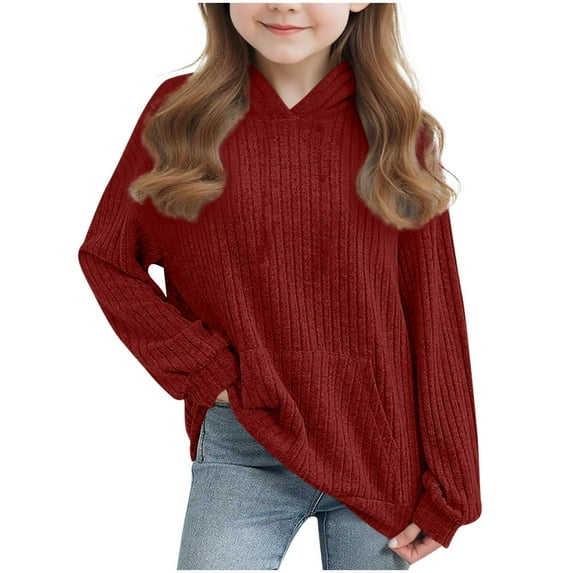 Fesfesfes Girls Long Sleeve Crewneck Sweatshirt Pullover Tops with Pocket Soft Comfortable Loose Casual Everyday Wear for School Play Vacation Sports(Red#2,5-6 Years)