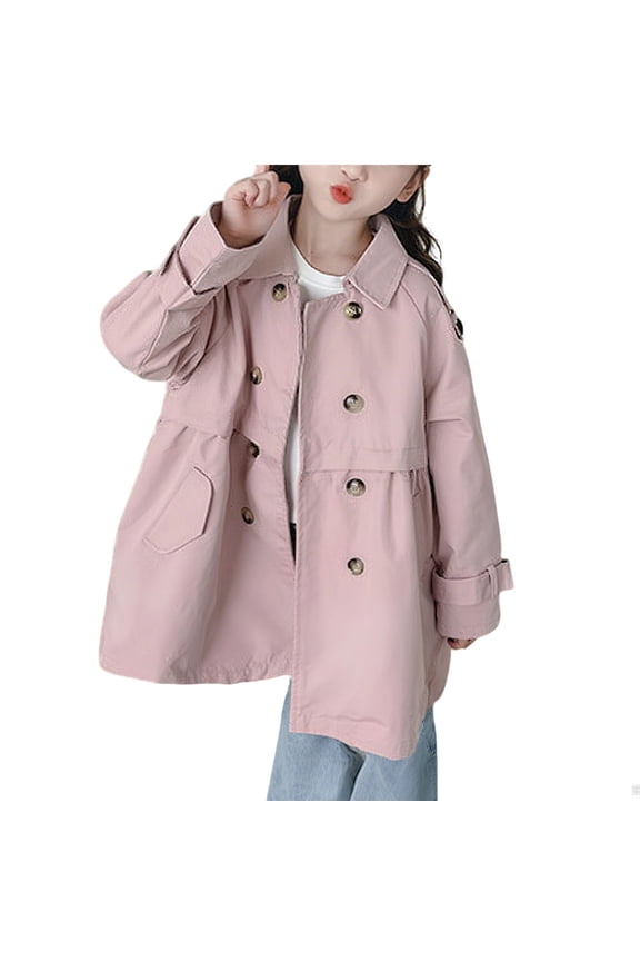 Girls Long Sleeve Double Breasted Trench Coat Mid Length Casual Lapel Jacket Outerwear for Kids Classic British Style Fall Fashionable Outerwear(Pink,7 Years)
