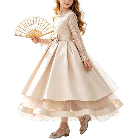 Fesfesfes Girls Long Sleeve Layered Tulle Princess Dress Round Neck Fitted Waist Elegant Party Gown for Formal Occasions Ages 5-15 Years