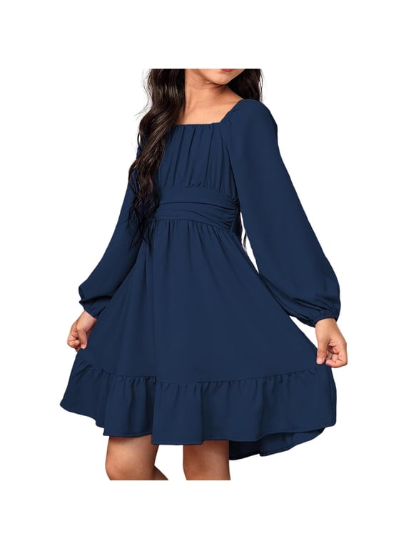 Girls Long Sleeve Party Dress With Belt Elegant Pleated Flowy Formal Gown For Special Occasion Birthday Celebration Holiday Outfit(Navy#1,12-13 Years)