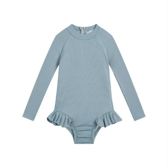Fesfesfes Girls Long Sleeve Rash Guard Back Zipper Swimsuit Kids UPF 50+ Sun Protection Swimwear Solid Color Soft and Comfortable Bathing Suit 1-5Years(Blue,2 Years)