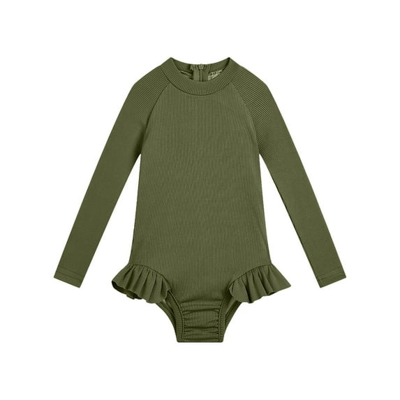 Fesfesfes Girls Long Sleeve Rash Guard Back Zipper Swimsuit Kids UPF 50+ Sun Protection Swimwear Solid Color Soft and Comfortable Bathing Suit 1-5Years(Green,12 Months)