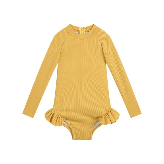 Fesfesfes Girls Long Sleeve Rash Guard Back Zipper Swimsuit Kids UPF 50 Sun Protection Swimwear Solid Color Soft and Comfortable Bathing Suit 1-5Years(Yellow,2 Years)