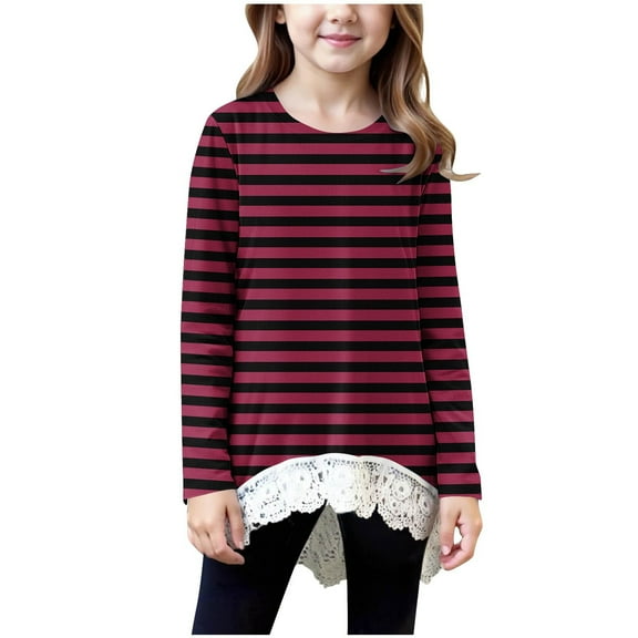 Fesfesfes Girls Long Sleeve Round Neck Casual Top with Lace Hem Detail Solid Color Basic Shirt for Kids Soft Breathable Comfortable Everyday Wear School Outfit Party Occasion(Wine#1,8-9 Years)