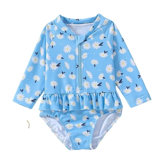 Fesfesfes Girls Long Sleeve Swimsuits Rash Guard Bathing Suit 2-6 Years Toddler Kids Zipper Lightweight Swimwear for Every Summer Wear(Blue,6 Years)