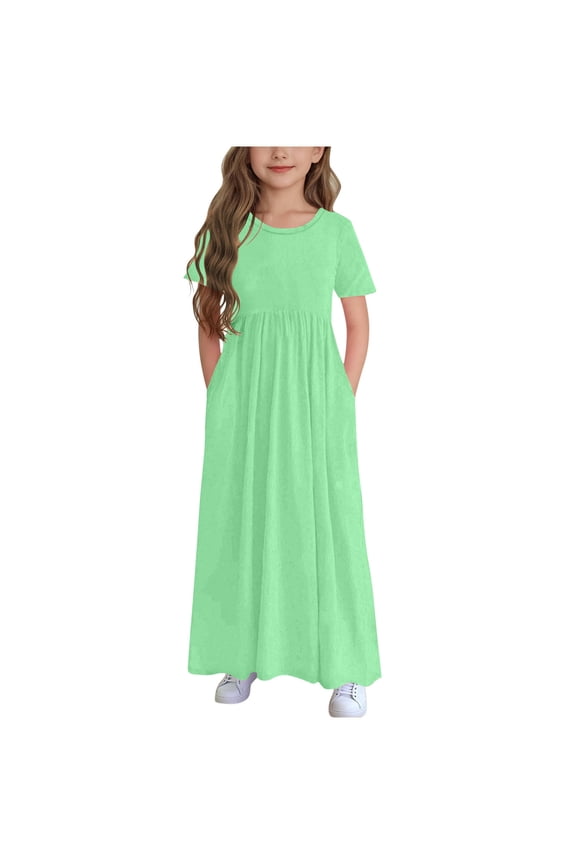 Girls Maxi Dress Short Sleeve Casual Long Dresses with Pockets 6-12 Years