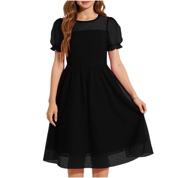 Fesfesfes Girls Mesh Polka Dot Dress with Puff Sleeves and Flowy Skirt Breathable A Line Party Dress for Big Kids Soft Round Neck Ruffle Cuff Casual and Formal Occasion(Black,7-8 Years)