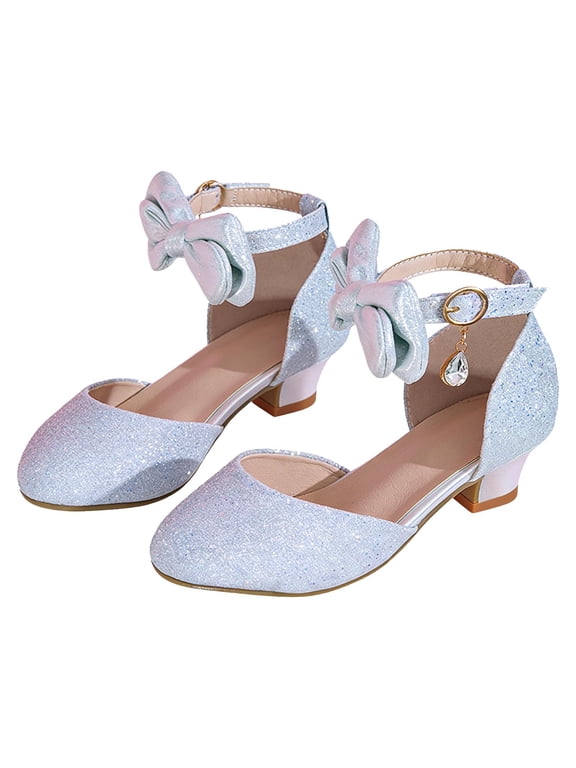 Girls Non-Slip Sequin Bow Heels,Big Kid Princess Dance Leather Shoes,Summer Comfortable Outdoor Casual Shoes,Girls Party Pageant Dress Shoes