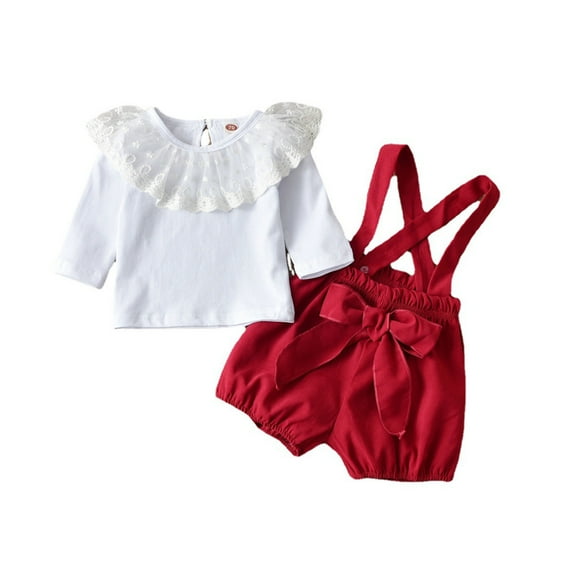 Fesfesfes Girls Outfits For Summer Children's Shorts Set Girls Round Neck Long-sleeved Lace Shirt With Pants Shorts 2PC Set 6-12 Months