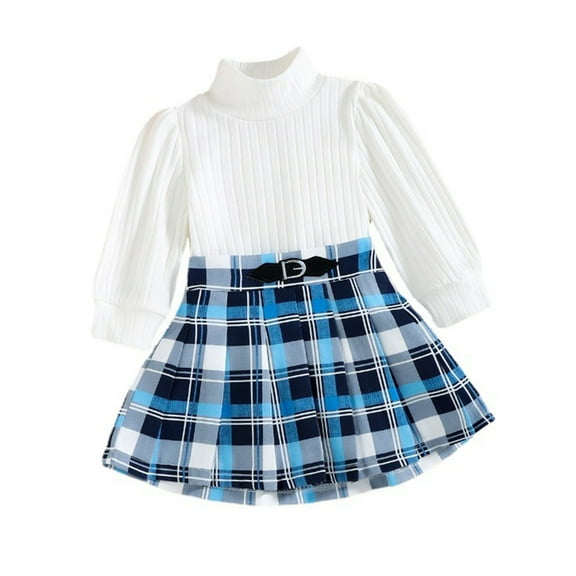Fesfesfes Girls Outfits Set Fall High Round Neck Knit Long Sleeve Tops Plaid Pleated Skirt Two Piece College Style Short Skirt Set 12-18 Months
