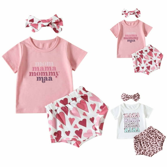 Fesfesfes Girls Outfits Summer Toddler Baby Girls Casual Suit Mother's Day Letter Short Sleeve T-shirt Shorts Hairband Three Piece Set 6-12 Months