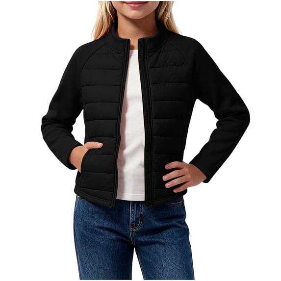 Fesfesfes Girls Padded Zip Up Jacket Stand Collar Short Winter Warm Coat, Solid Color Lined Outerwear for Kids School Daily Wear Ages 8-15 Years
