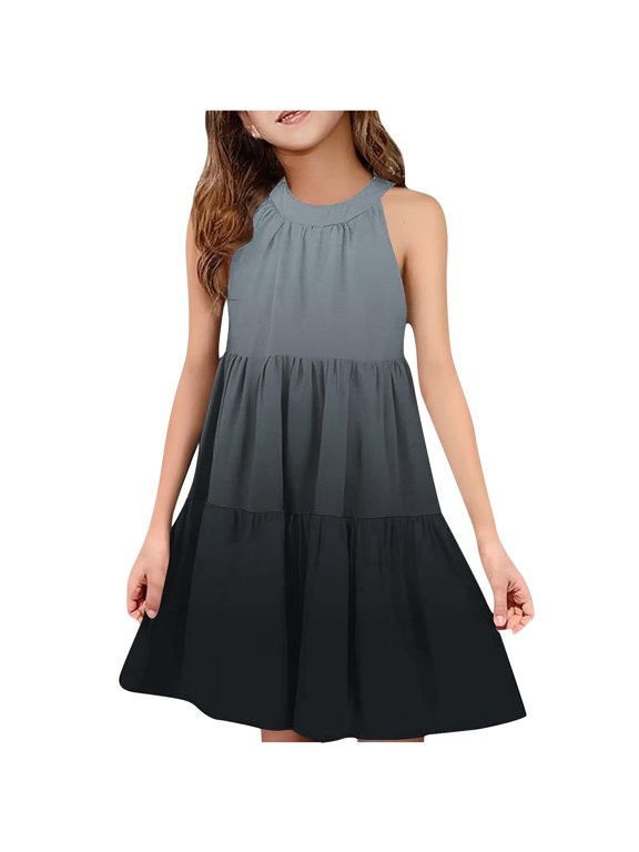 Girls Patchwork Tiered Dress Sleeveless Round Neck Color Block Sundress Playful Summer Casual Dresses for Playdates Birthday Family School Events(Black#3,4-5 Years)