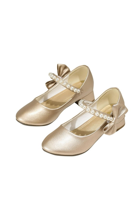 Girls Pearl Bow Heels Elegant Princess Dance Shoes for Kids,High Heel Leather Dress Shoes,Versatile Party and Performance Footwear(Gold,8 Years)