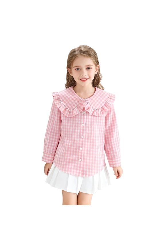 Girls Plaid Button Down Long Sleeve Blouse with Round Neck Casual Top for School Shirt Everyday Wear Classic Checkered Design Soft Breathable Fabric(Pink,12-13 Years)