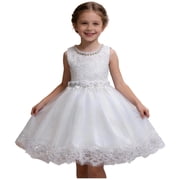 Fesfesfes Girls Princess Wedding Dress Beaded Embroidery Formal Gown Sleeveless A Line Mesh Skirt for Special Occasion Birthday Party Flower Girl Pageant CelebrationWhite,3-4 Years