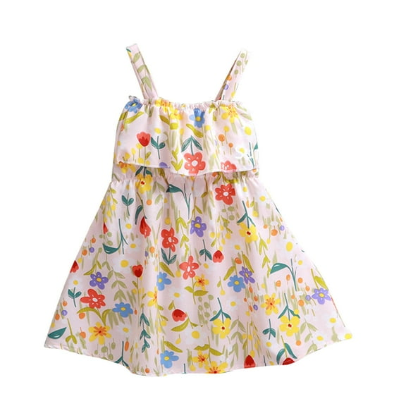Fesfesfes Girls' Printed Dress with Suspender Skirt Sleeveless Round-Neck Summer Dress for Stylish and Comfortable Wear 1-8 Years Casual Beach Sundress(Yellow,5 years)