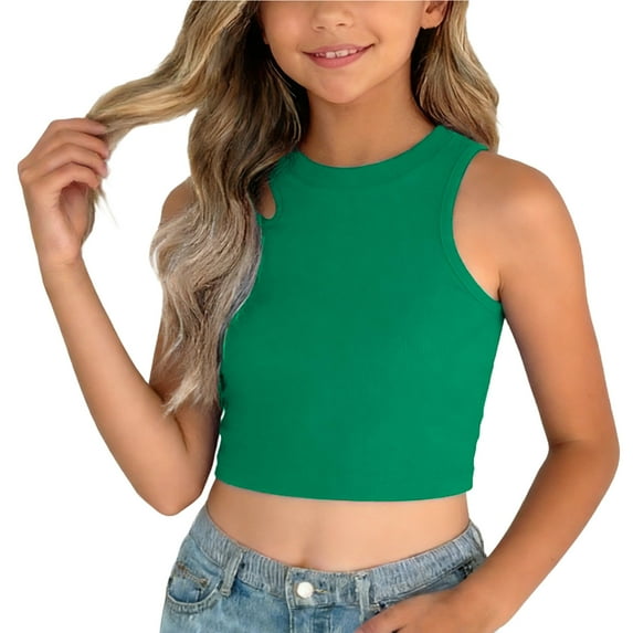 Fesfesfes Girls Ribbed Knit Sleeveless Sports Tank Top Breathable Round Neck Camisole for Kids Tweens Soft Stretchy Summer Active Wear Play Outfit Everyday Casual