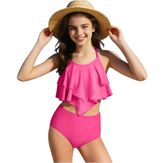 Fesfesfes Girls Ruffle Detail Two Piece Tankini Swimsuit Set Swimwear for Tweens Quick Dry UV Protection Beach Pool Play Comfortable Youth Active Wear Sporty Design(Pink,13-14 Years)